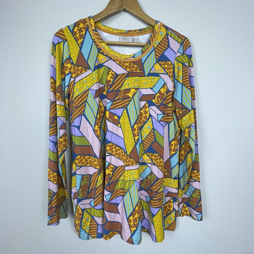 LOGO by Lori Goldstein Mosaic Print Tunic Top M Brown Teal Yellow Pockets